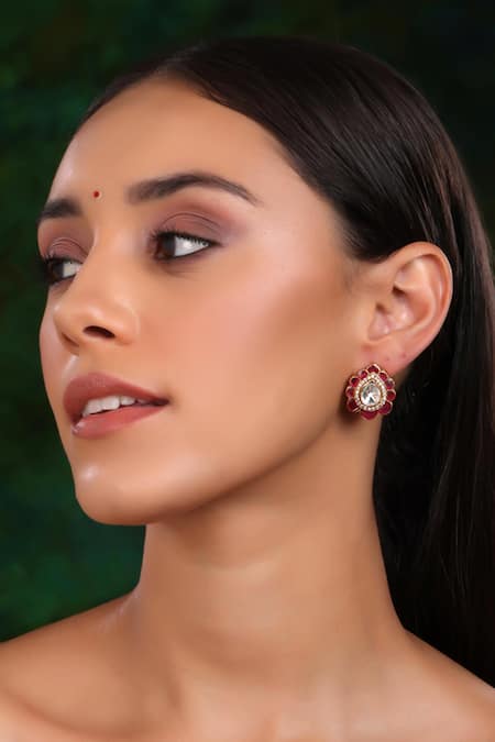 Ruby Raang Kundan & Stone Embellished Ornate Studs 