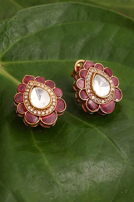 Shop_Ruby Raang_Maroon Stones, Gota Patti Kundan And Embellished Ornate Studs _at_Aza_Fashions