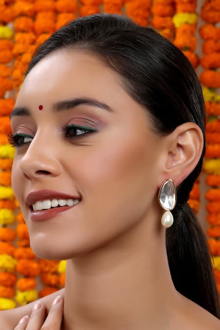 Ruby Raang Kundan & Pearl Embellished Drop Studs 