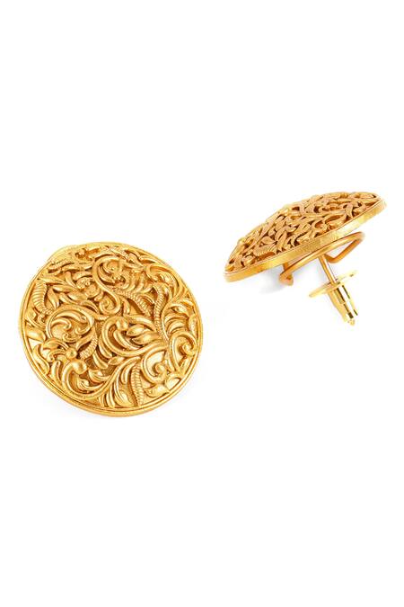Buy_Ruby Raang_Gold Plated Cut Work Vine Bloom Carved Studs _Online_at_Aza_Fashions
