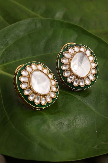 Shop_Ruby Raang_Gold Plated Metallic Thread, Stones Blossom Kundan And Meenakari Embellished Studs _at_Aza_Fashions