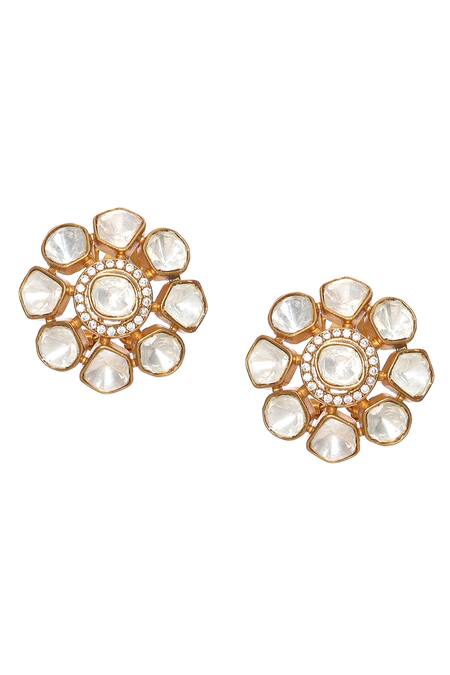Ruby Raang_Gold Plated Diamonds, Stones Fiore Kundan Embellished Studs _Online_at_Aza_Fashions