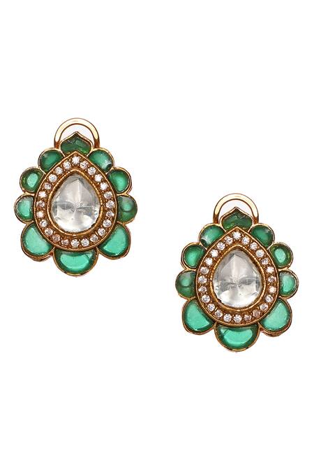Ruby Raang Green Stones, Diamonds Kundan And Embellished Teardrop Studs Online at Aza Fashions Ruby Raang_Green Stones, Diamonds Kundan And Embellished Teardrop Studs _Online_at_Aza_Fashions