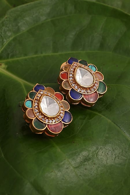 Shop_Ruby Raang_Multi Color Stones, Zari Kundan And Embellished Teardrop Bloom Studs _at_Aza_Fashions