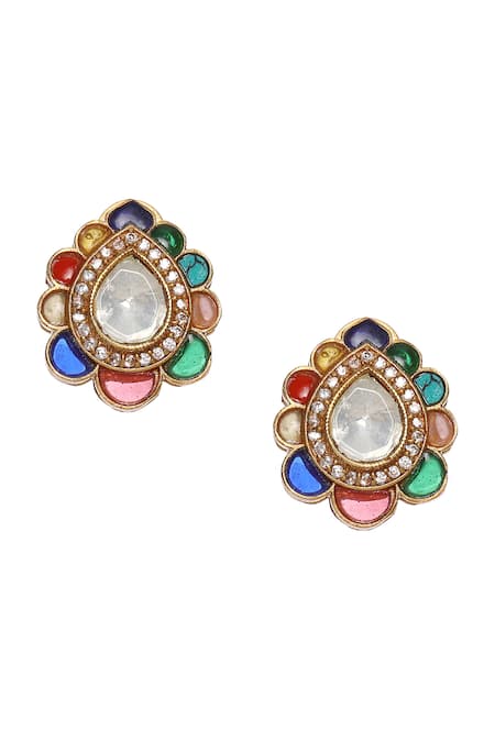 Ruby Raang Multi Color Stones, Zari Kundan And Embellished Teardrop Bloom Studs Online at Aza Fashions Ruby Raang_Multi Color Stones, Zari Kundan And Embellished Teardrop Bloom Studs _Online_at_Aza_Fashions