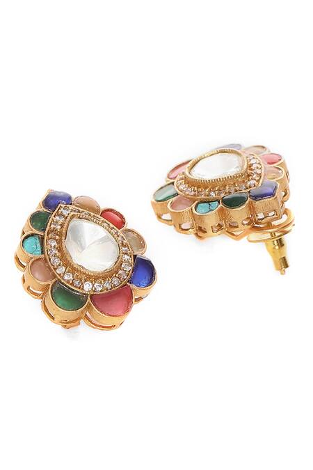 Buy Ruby Raang Multi Color Stones, Zari Kundan And Embellished Teardrop Bloom Studs Online at Aza Fashions Buy_Ruby Raang_Multi Color Stones, Zari Kundan And Embellished Teardrop Bloom Studs _Online_at_Aza_Fashions