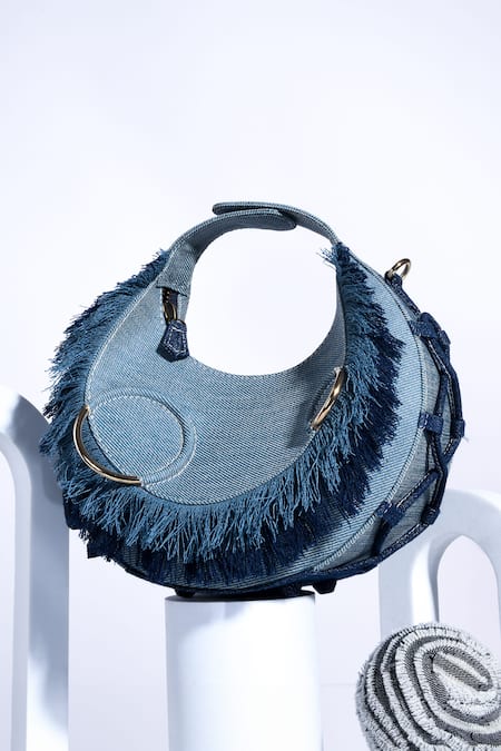 Immri Blue Fringe Halo Denim Bag Online at Aza Fashions Immri_Blue Fringe Halo Denim Bag _Online_at_Aza_Fashions