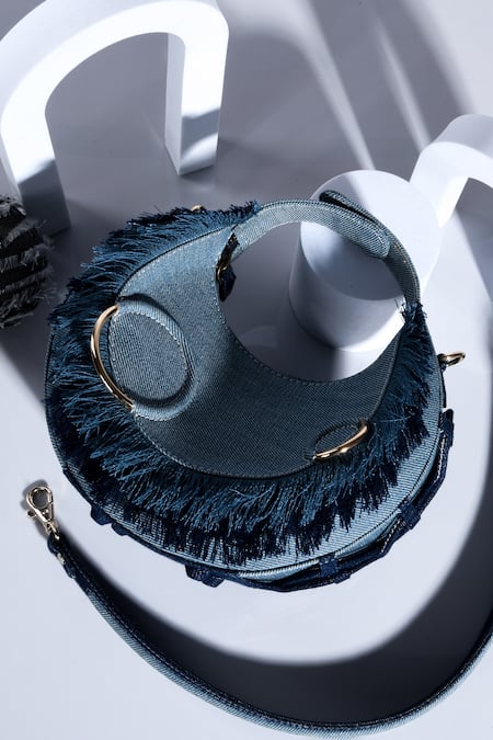 Immri Blue Fringe Halo Denim Bag at Aza Fashions Immri_Blue Fringe Halo Denim Bag _at_Aza_Fashions