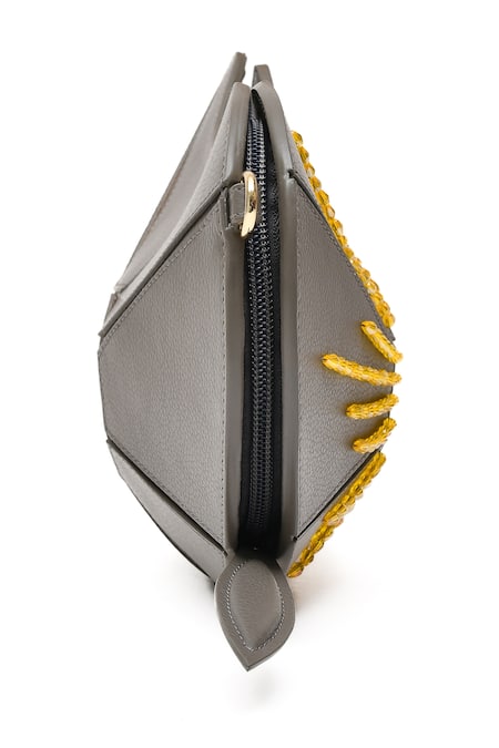 Shop_Immri_Grey Hand Embroidery Mango Shaped Kerry Bag _Online_at_Aza_Fashions