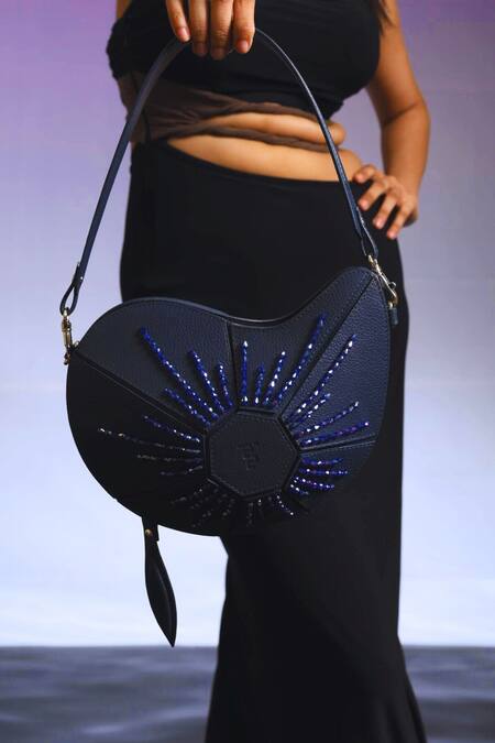 Immri_Blue Hand Embroidery Mango Shaped Kerry Crystal Bag _Online_at_Aza_Fashions