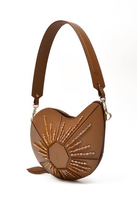 Buy_Immri_Brown Hand Embroidery Mango Shaped Kerry Two Tone Bag 