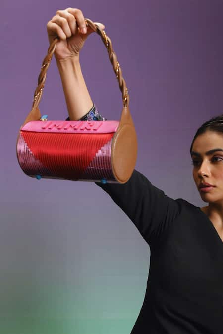 Immri Pink Hand Embroidered Barrel Bag 