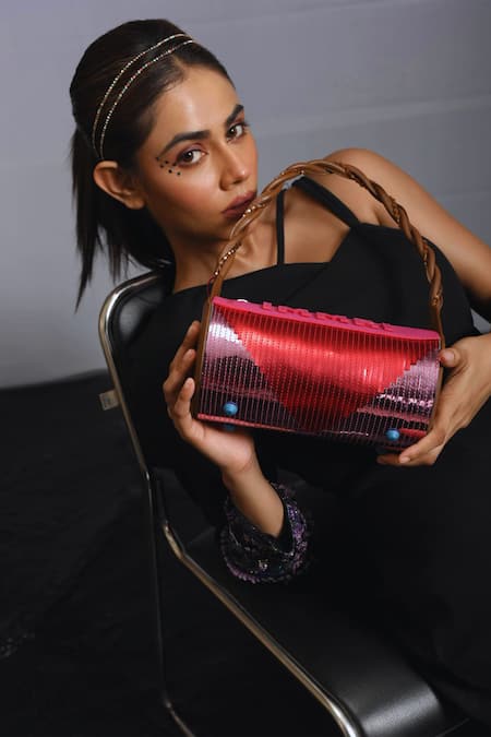 Immri_Pink Hand Embroidery Barrel Bag _Online_at_Aza_Fashions