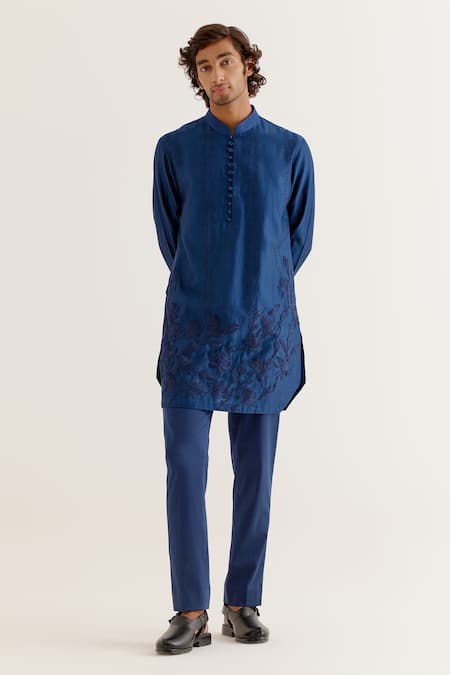 Devnaagri_Blue Silk, Chanderi, Cotton Embroidery Floral Kurta With Pant _Online_at_Aza_Fashions