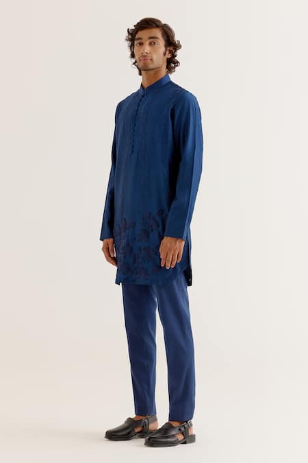 Buy_Devnaagri_Blue Silk, Chanderi, Cotton Embroidery Floral Kurta With Pant _Online_at_Aza_Fashions