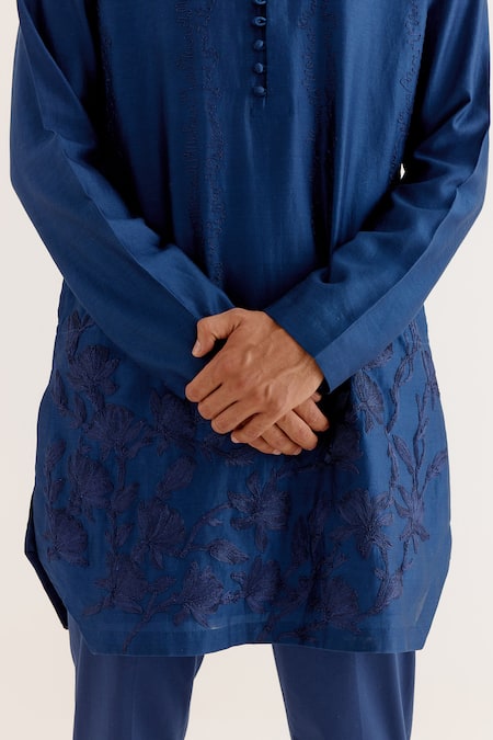 Shop_Devnaagri_Blue Silk, Chanderi, Cotton Embroidery Floral Kurta With Pant _Online_at_Aza_Fashions