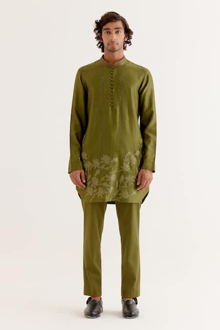 Devnaagri Silk Chanderi Floral Embroidered Short Kurta With Pant 