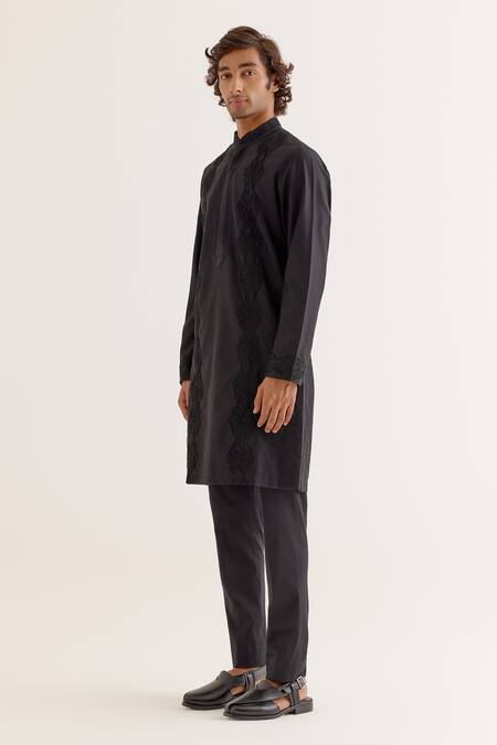 Devnaagri Black Silk, Chanderi Embroidered Kurta With Pant Online at Aza Fashions Devnaagri_Black Silk, Chanderi Embroidered Kurta With Pant _Online_at_Aza_Fashions