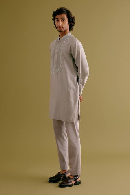 Devnaagri Grey Silk, Chanderi, Cotton Embroidery Floral Kurta With Pant Online at Aza Fashions Devnaagri_Grey Silk, Chanderi, Cotton Embroidery Floral Kurta With Pant _Online_at_Aza_Fashions