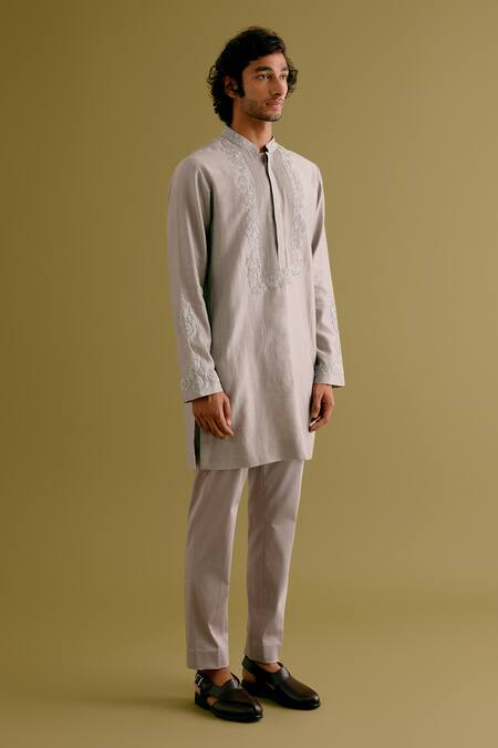 Buy Devnaagri Grey Silk, Chanderi, Cotton Embroidery Floral Kurta With Pant Online at Aza Fashions Buy_Devnaagri_Grey Silk, Chanderi, Cotton Embroidery Floral Kurta With Pant _Online_at_Aza_Fashions