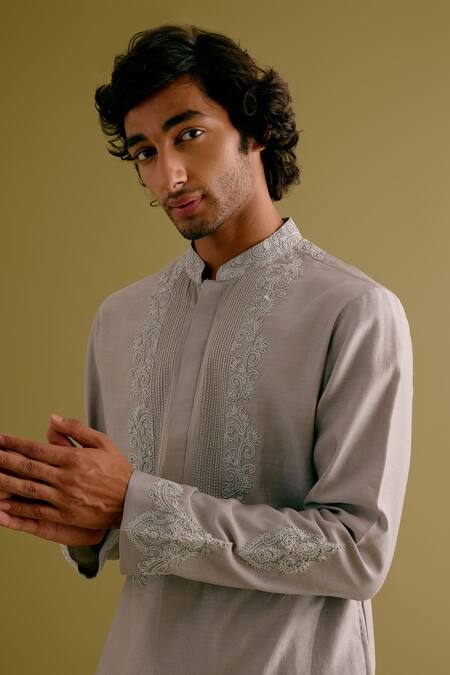 Shop Devnaagri Grey Silk, Chanderi, Cotton Embroidery Floral Kurta With Pant Online at Aza Fashions Shop_Devnaagri_Grey Silk, Chanderi, Cotton Embroidery Floral Kurta With Pant _Online_at_Aza_Fashions