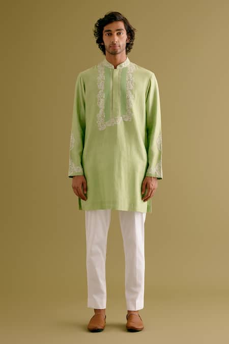 Devnaagri_Green Silk, Chanderi, Cotton Embroidery Floral Dori Kurta With Pant _Online_at_Aza_Fashions