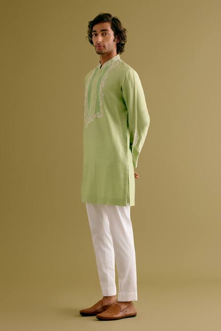 Buy_Devnaagri_Green Silk, Chanderi, Cotton Embroidery Floral Dori Kurta With Pant _Online_at_Aza_Fashions