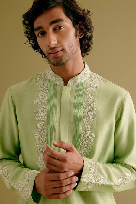 Shop_Devnaagri_Green Silk, Chanderi, Cotton Embroidery Floral Dori Kurta With Pant _Online_at_Aza_Fashions