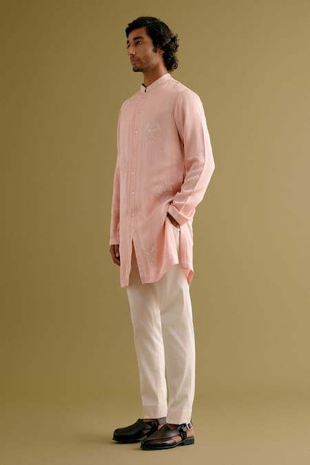 Devnaagri_Pink Silk Satin, Cotton Floral Dori Front Button Down Kurta With Pant _Online_at_Aza_Fashions