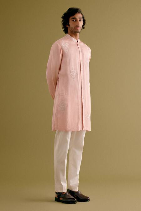 Buy_Devnaagri_Pink Silk Satin, Cotton Floral Dori Front Button Down Kurta With Pant _Online_at_Aza_Fashions
