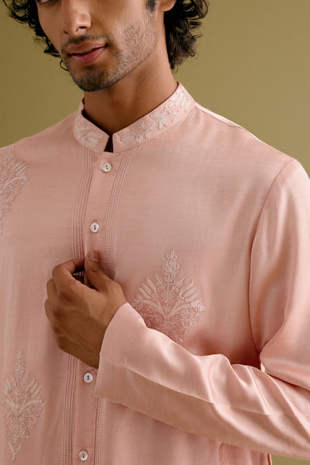 Shop_Devnaagri_Pink Silk Satin, Cotton Floral Dori Front Button Down Kurta With Pant _Online_at_Aza_Fashions