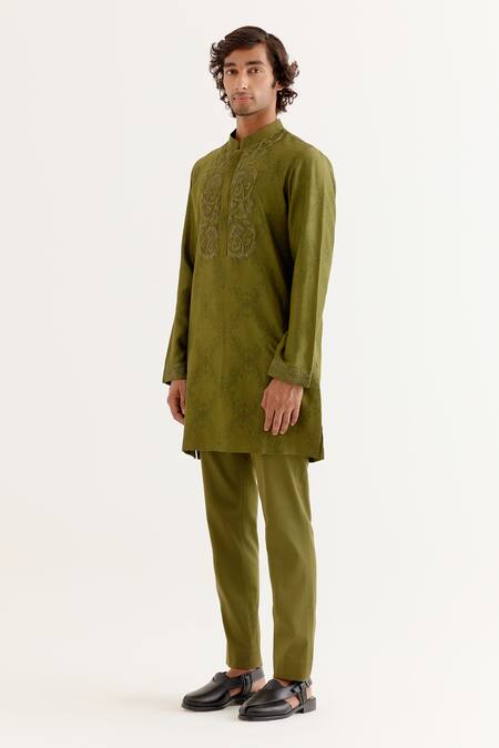Devnaagri_Green Silk, Chanderi, Cotton Embroidery Block Print Kurta With Pant _Online_at_Aza_Fashions