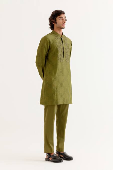 Buy_Devnaagri_Green Silk, Chanderi, Cotton Embroidery Block Print Kurta With Pant _Online_at_Aza_Fashions