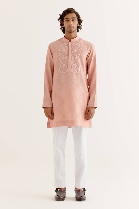 Devnaagri Pink Silk, Chanderi Embroidery Floral Block Print Yoke Kurta With Pant Online at Aza Fashions Devnaagri_Pink Silk, Chanderi Embroidery Floral Block Print Yoke Kurta With Pant _Online_at_Aza_Fashions