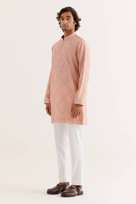 Buy Devnaagri Pink Silk, Chanderi Embroidery Floral Block Print Yoke Kurta With Pant Online at Aza Fashions Buy_Devnaagri_Pink Silk, Chanderi Embroidery Floral Block Print Yoke Kurta With Pant _Online_at_Aza_Fashions