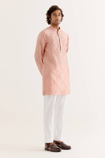 Shop Devnaagri Pink Silk, Chanderi Embroidery Floral Block Print Yoke Kurta With Pant Online at Aza Fashions Shop_Devnaagri_Pink Silk, Chanderi Embroidery Floral Block Print Yoke Kurta With Pant _Online_at_Aza_Fashions