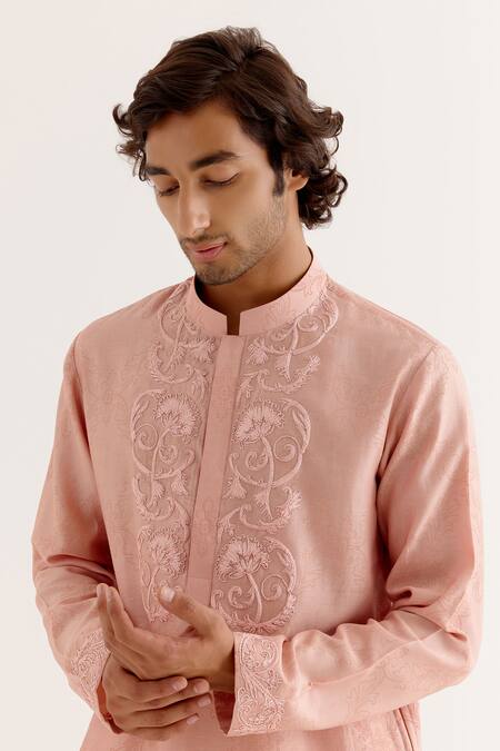 Devnaagri Pink Silk, Chanderi Embroidery Floral Block Print Yoke Kurta With Pant at Aza Fashions Devnaagri_Pink Silk, Chanderi Embroidery Floral Block Print Yoke Kurta With Pant _at_Aza_Fashions