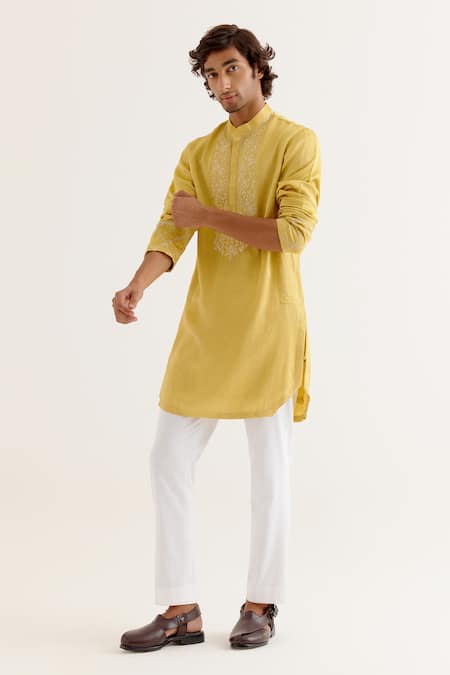 Devnaagri Yellow Silk, Chanderi, Cotton Embroidery Floral Yoke Kurta With Pant Online at Aza Fashions Devnaagri_Yellow Silk, Chanderi, Cotton Embroidery Floral Yoke Kurta With Pant _Online_at_Aza_Fashions