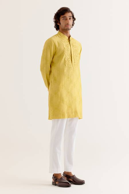 Shop Devnaagri Yellow Silk, Chanderi, Cotton Embroidery Floral Yoke Kurta With Pant Online at Aza Fashions Shop_Devnaagri_Yellow Silk, Chanderi, Cotton Embroidery Floral Yoke Kurta With Pant _Online_at_Aza_Fashions