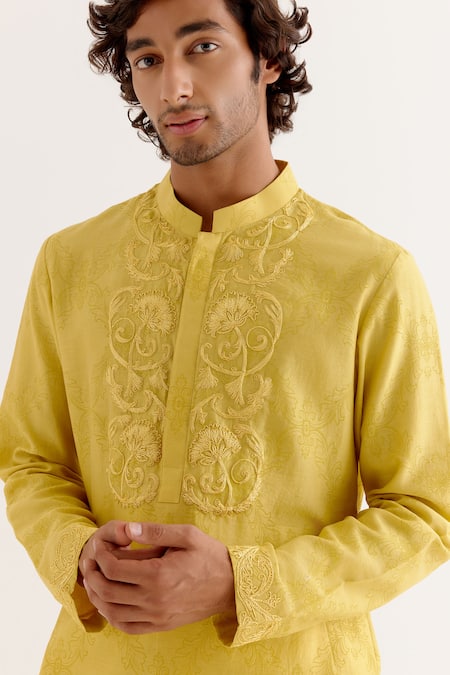 Devnaagri Yellow Silk, Chanderi, Cotton Embroidery Floral Yoke Kurta With Pant at Aza Fashions Devnaagri_Yellow Silk, Chanderi, Cotton Embroidery Floral Yoke Kurta With Pant _at_Aza_Fashions
