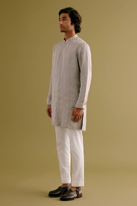 Devnaagri_Grey Silk Satin, Cotton Embroidery Dori Straight Kurta With Pant _Online_at_Aza_Fashions