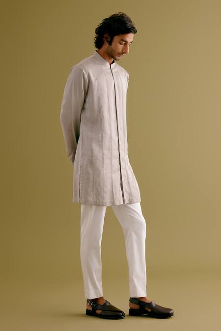 Buy_Devnaagri_Grey Silk Satin, Cotton Embroidery Dori Straight Kurta With Pant _Online_at_Aza_Fashions