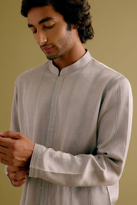 Shop_Devnaagri_Grey Silk Satin, Cotton Embroidery Dori Straight Kurta With Pant _Online_at_Aza_Fashions