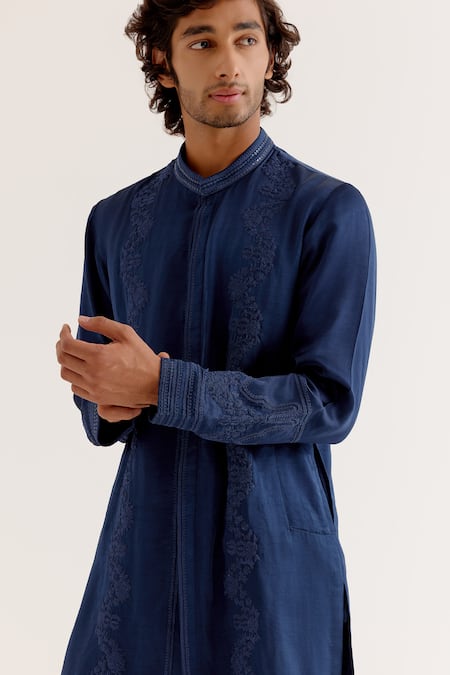 Devnaagri_Blue Silk Satin Embroidery Floral Dori Front Open Kurta With Pant _at_Aza_Fashions