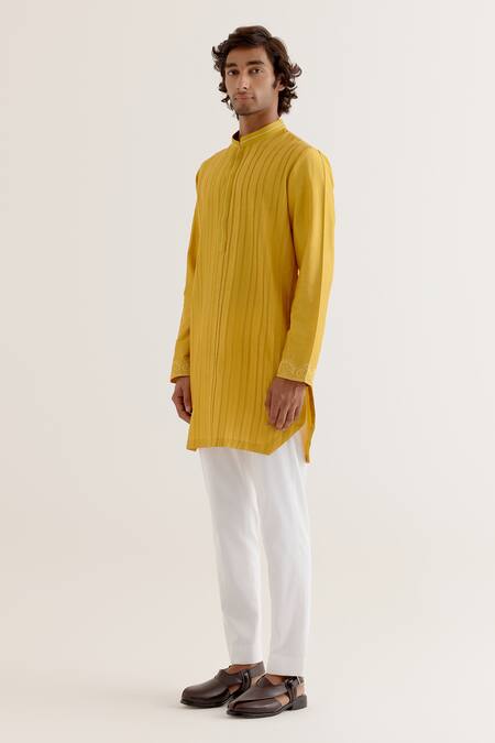 Devnaagri_Yellow Cotton, Silk Embroidery Pintuck Dori Kurta With Pant _Online_at_Aza_Fashions