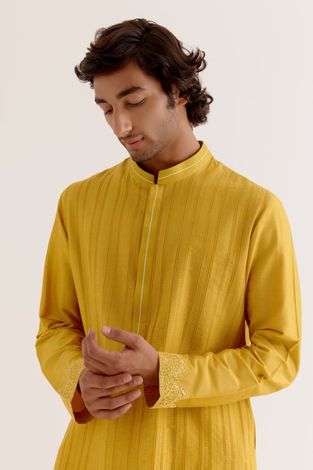 Buy_Devnaagri_Yellow Cotton, Silk Embroidery Pintuck Dori Kurta With Pant _Online_at_Aza_Fashions