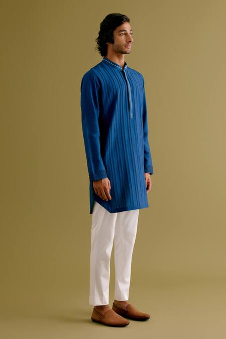 Devnaagri_Blue Cotton, Silk Embroidery Pintuck Dori Straight Kurta With Pant _Online_at_Aza_Fashions