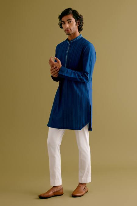 Buy_Devnaagri_Blue Cotton, Silk Embroidery Pintuck Dori Straight Kurta With Pant _Online_at_Aza_Fashions