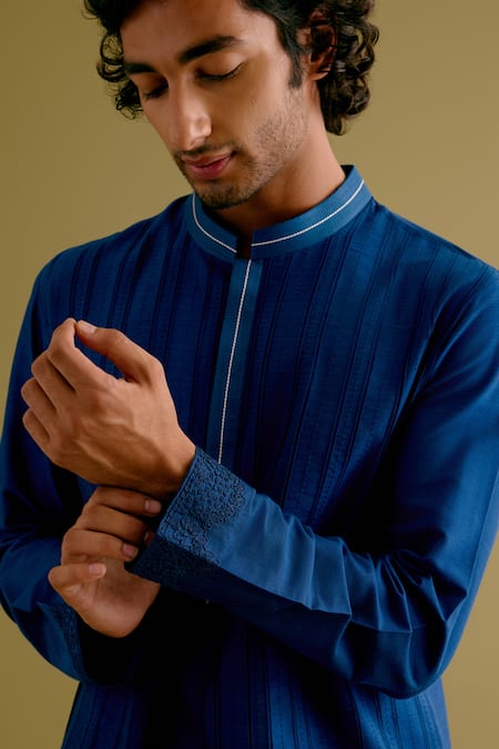 Shop_Devnaagri_Blue Cotton, Silk Embroidery Pintuck Dori Straight Kurta With Pant _Online_at_Aza_Fashions