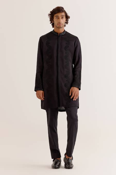 Devnaagri_Black Silk Satin Embroidery Dori Open-front Kurta With Pant _Online_at_Aza_Fashions